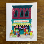 Illustration of a vintage flower shop storefront with colorful window displays & flowers, hand lettering reads Buds and Blooms