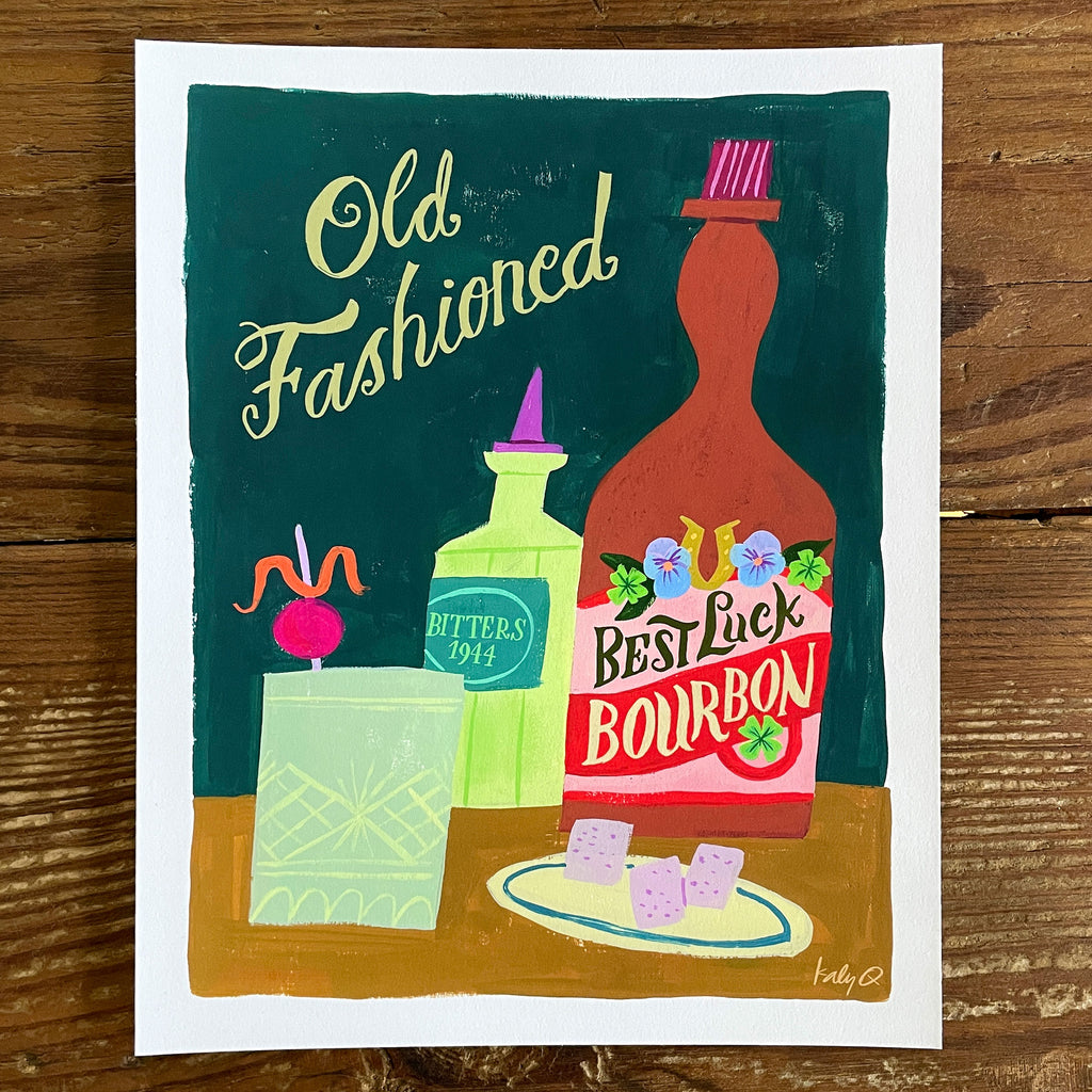 Illustration of an Old Fashioned cocktail with whiskey & bitters bottles and glass with orange garnish, hand lettering reads Old Fashioned and Best Luck Bourbon