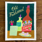 Illustration of an Old Fashioned cocktail with whiskey & bitters bottles and glass with orange garnish, hand lettering reads Old Fashioned and Best Luck Bourbon