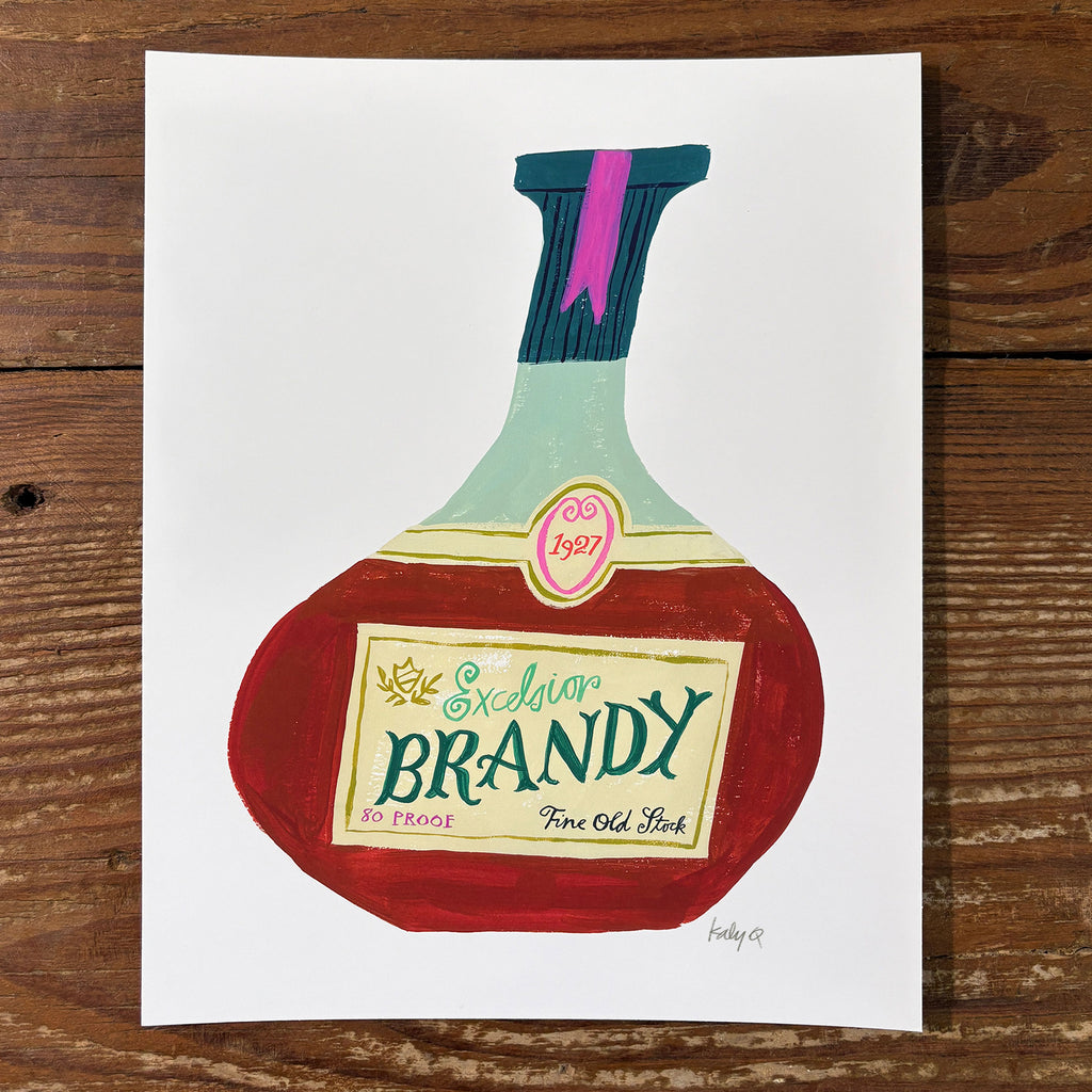 Hand-painted art print of a round vintage brandy bottle with a cream label reading "Excelsior Brandy, Fine Old Stock, 1927" in Victorian-style serif and cursive script lettering. Shown on white background displaying full print with border