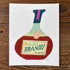 Hand-painted art print of a round vintage brandy bottle with a cream label reading "Excelsior Brandy, Fine Old Stock, 1927" in Victorian-style serif and cursive script lettering. Shown on white background displaying full print with border