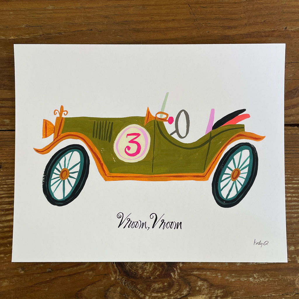 Illustration of an olive green vintage open-top race car with the number 3, hand lettered cursive reads 'Vroom Vroom'