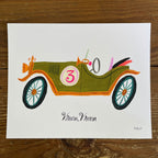 Illustration of an olive green vintage open-top race car with the number 3, hand lettered cursive reads 'Vroom Vroom'