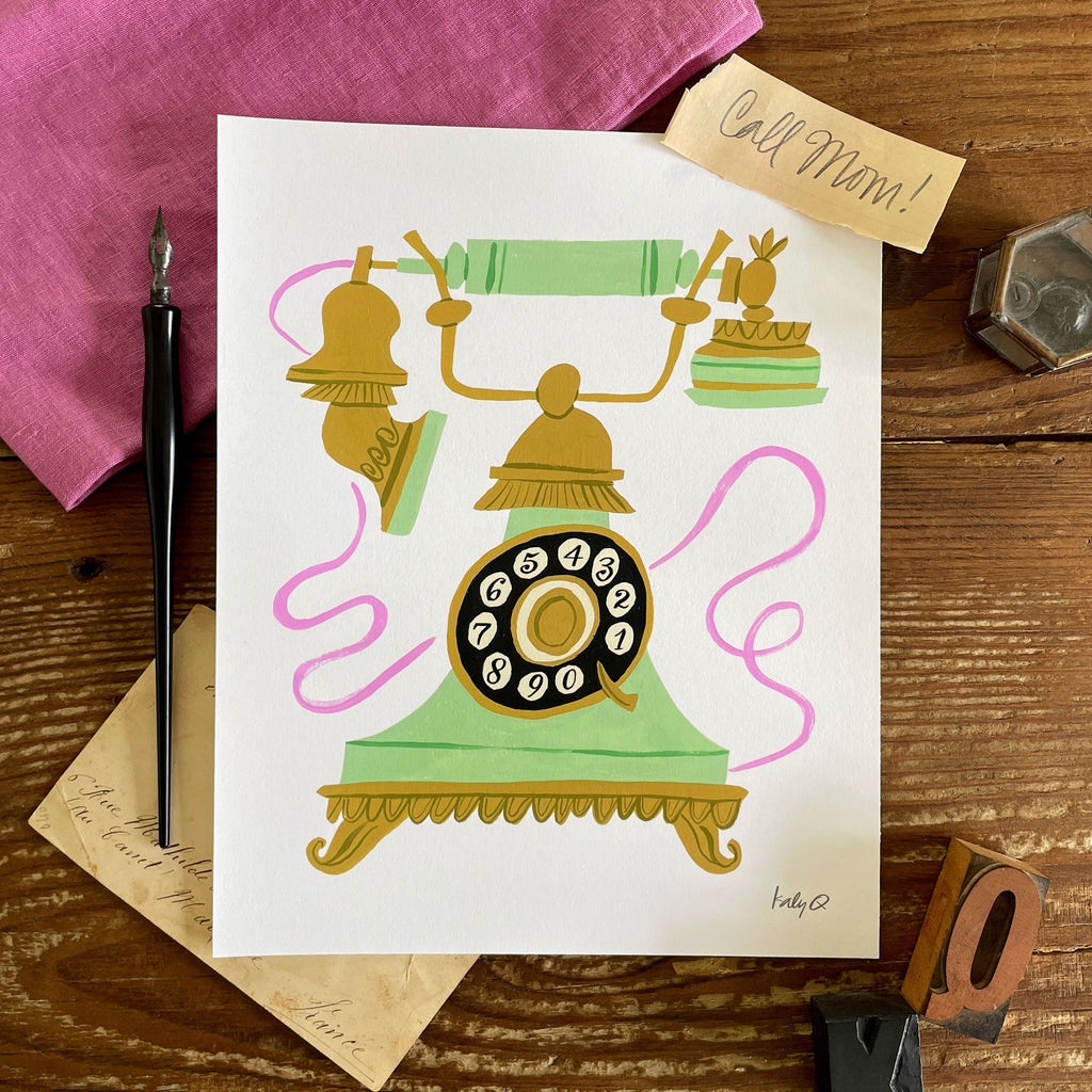Illustration of a mint green and gold antique rotary telephone with a swirling pink cord and ornate gold base