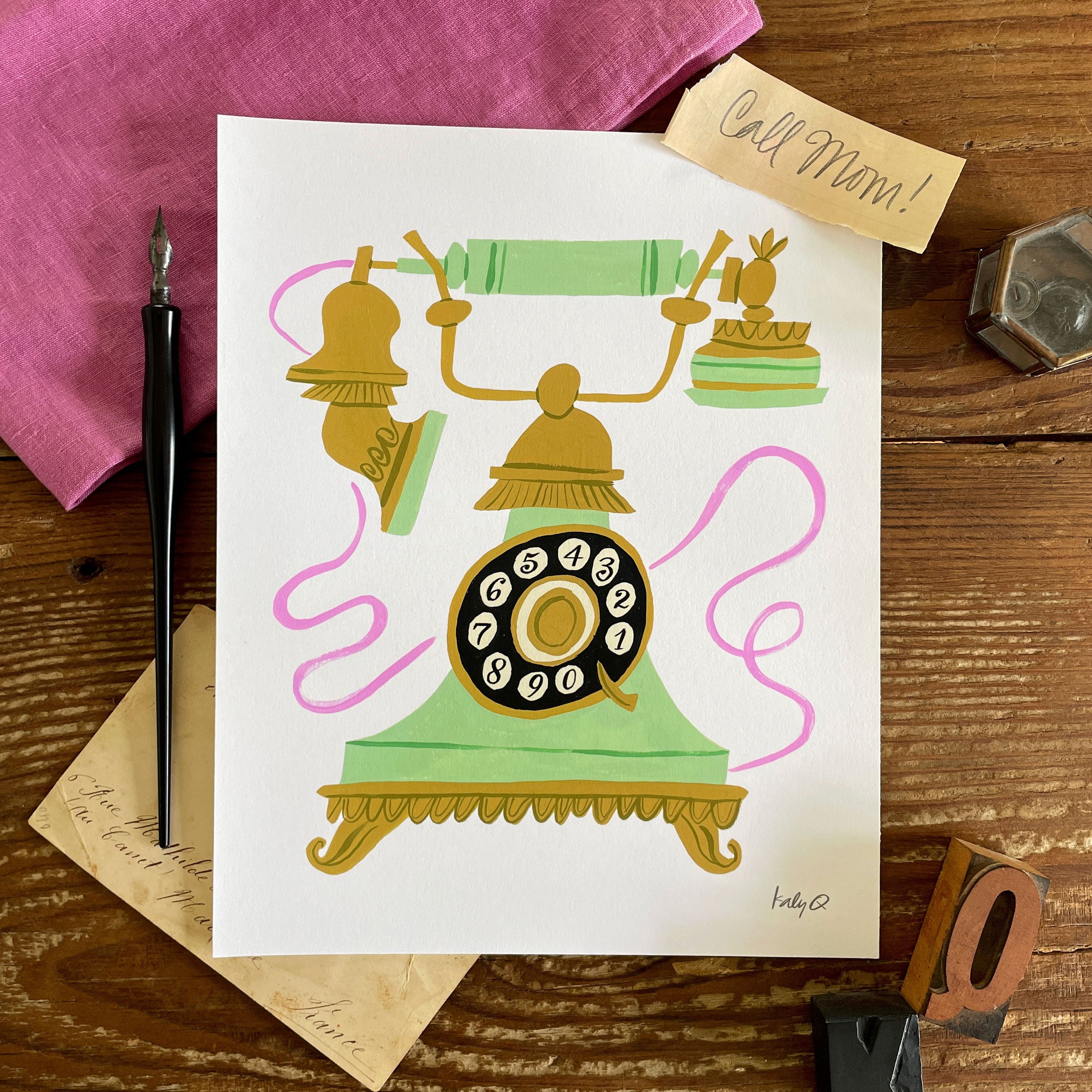 Illustration of a mint green and gold antique rotary telephone with a swirling pink cord and ornate gold base