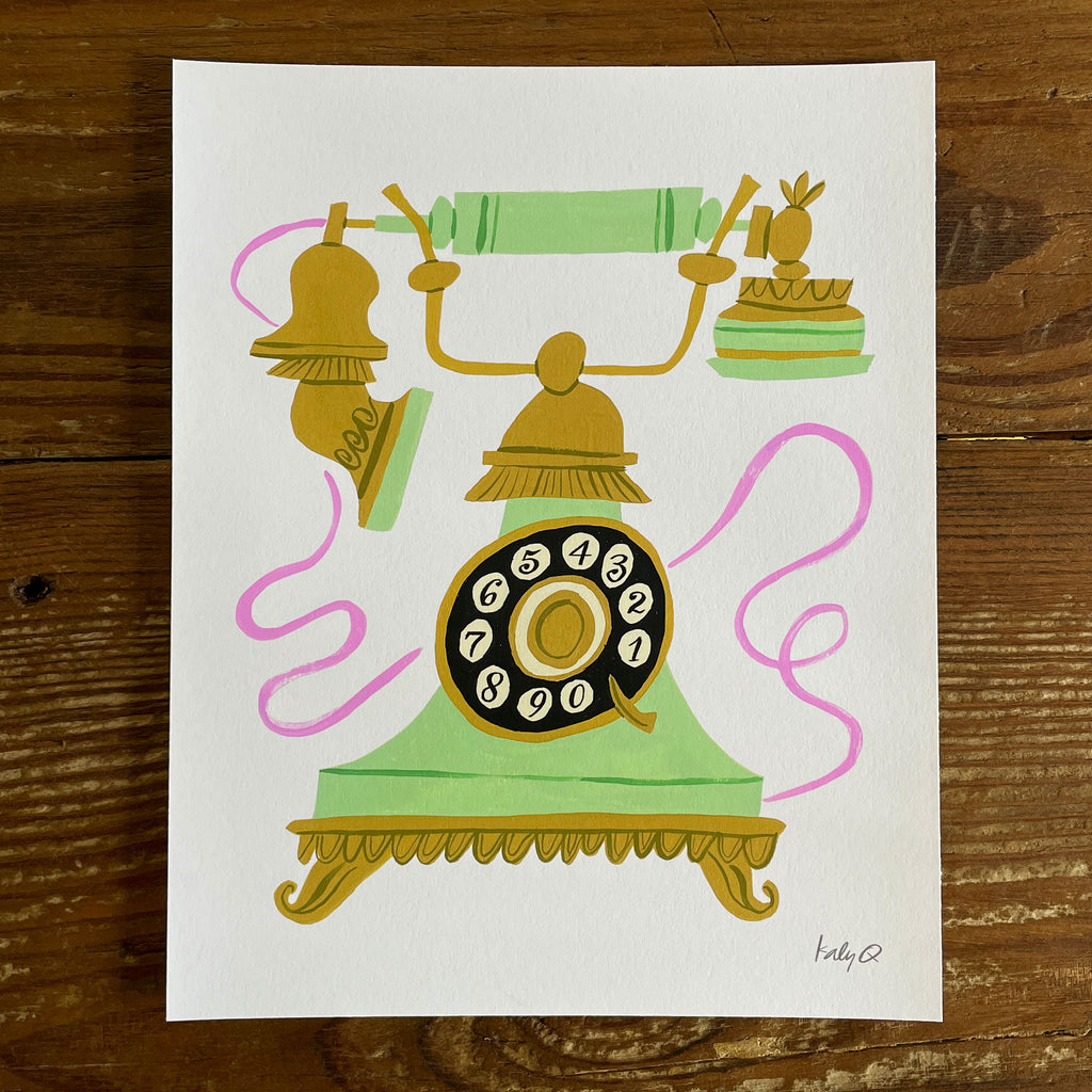 Illustration of a mint green and gold antique rotary telephone with a swirling pink cord
