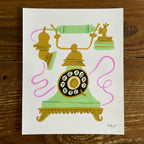 Illustration of a mint green and gold antique rotary telephone with a swirling pink cord
